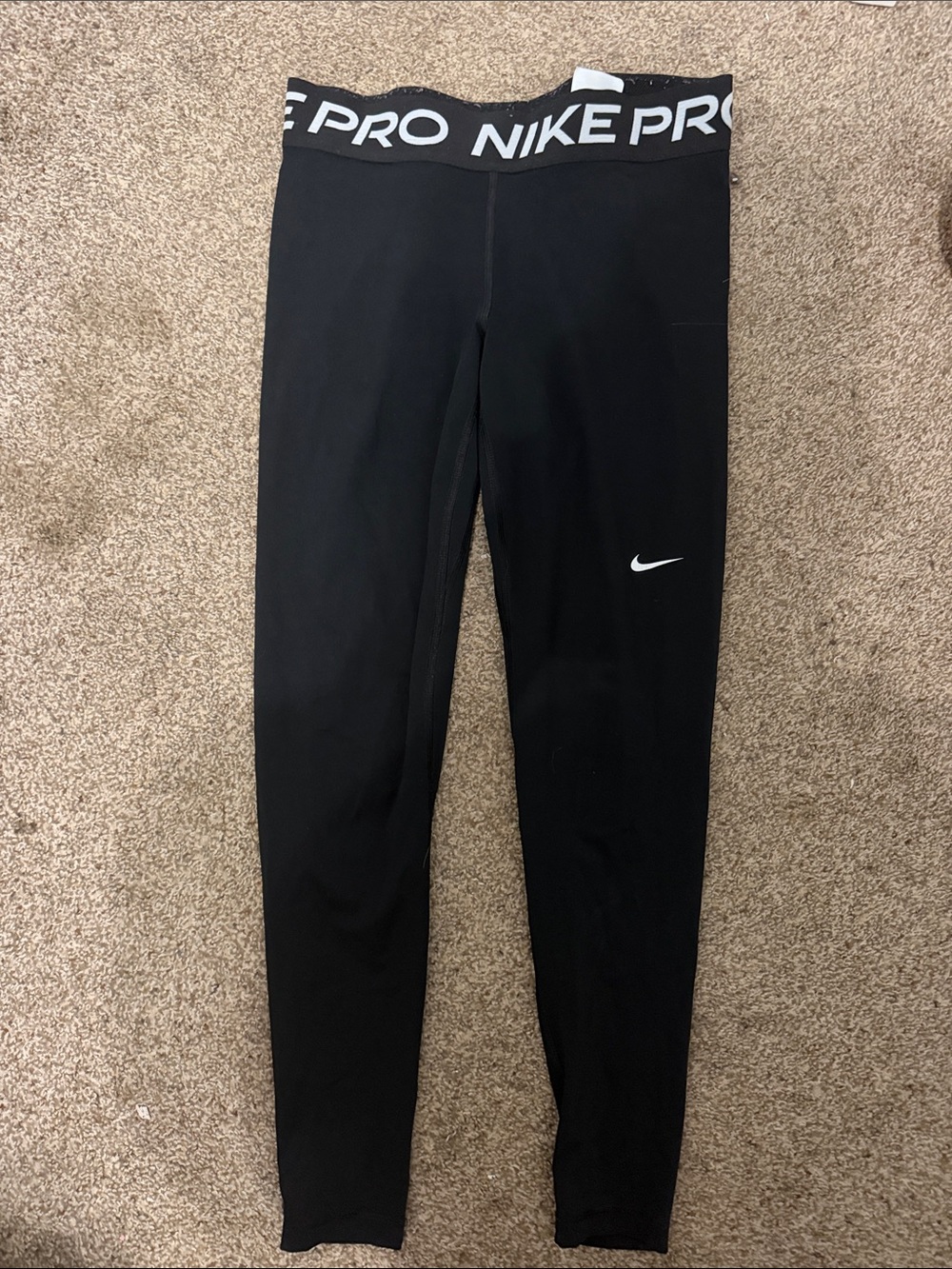 Nike Pro Black Compression Leggings with White Logo Waistband and Mesh Calf